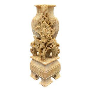Vintage Hand Carved Chinese Soapstone Bud Vase Intricate Floral Design 6"H x 2"W